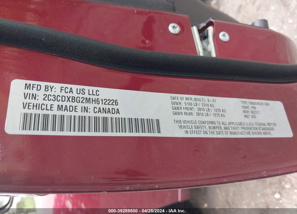 2021 DODGE CHARGER SXT RWD VIN: 2C3CDXBG2MH612226