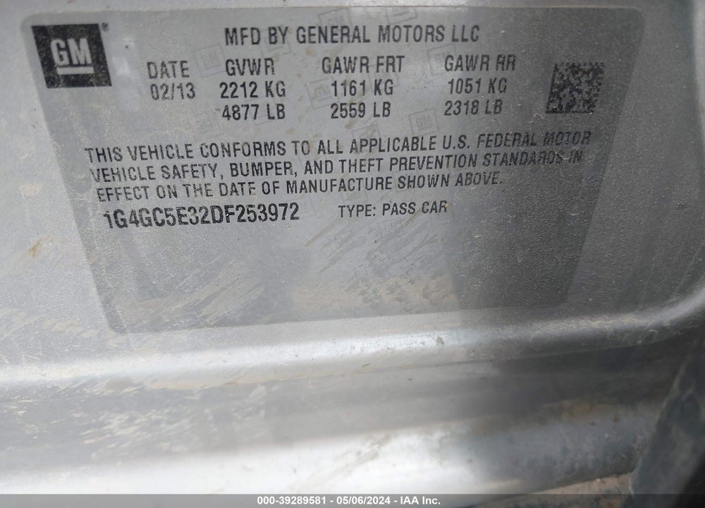 2013 BUICK LACROSSE LEATHER GROUP VIN: 1G4GC5E32DF253972