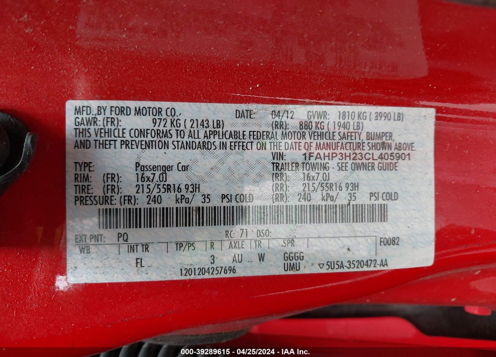 2012 FORD FOCUS SEL VIN: 1FAHP3H23CL405901