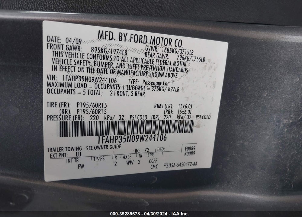 2009 FORD FOCUS SE VIN: 1FAHP35N09W244106