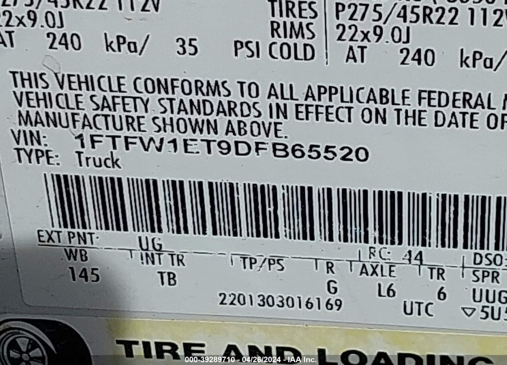 2013 FORD F-150 LIMITED VIN: 1FTFW1ET9DFB65520
