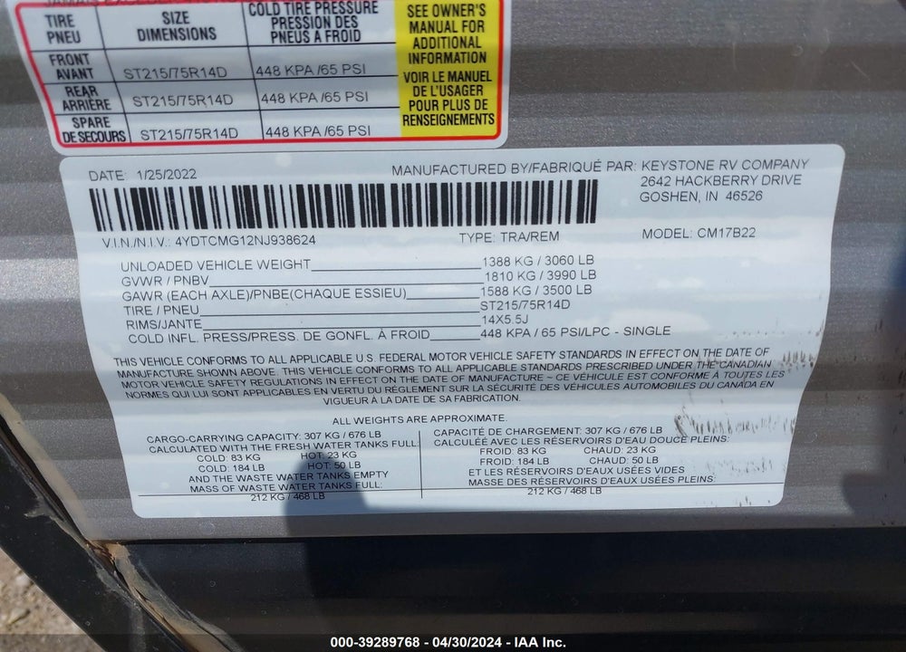 2022 COLEMAN OTHER VIN: 4YDTCMG12NJ938624