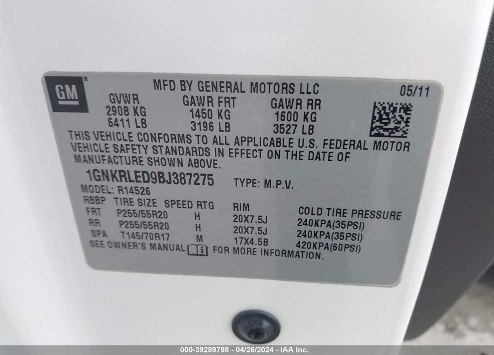 2011 CHEVROLET TRAVERSE LTZ VIN: 1GNKRLED9BJ387275
