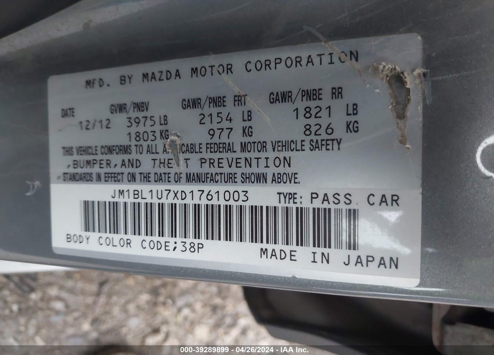 2013 MAZDA 3 I SPORT VIN: JM1BL1U7XD1761003