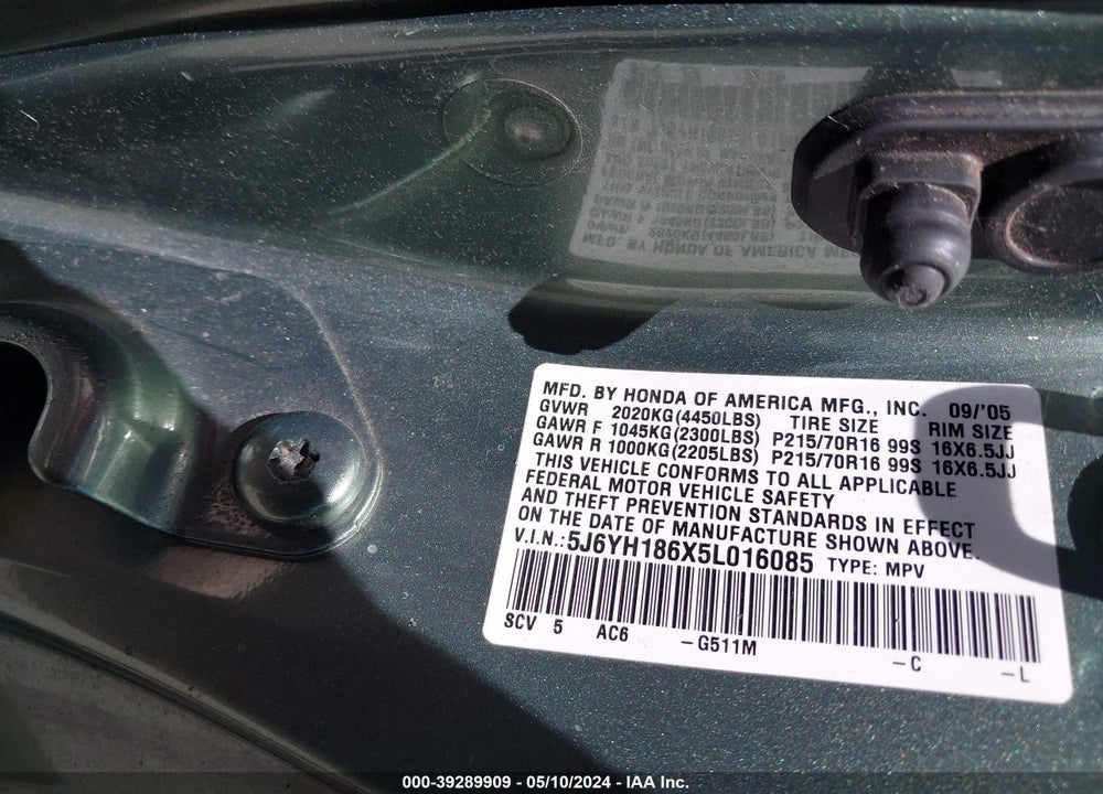 2005 HONDA ELEMENT EX VIN: 5J6YH186X5L016085