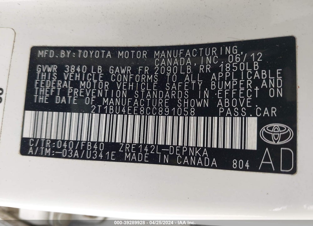 2012 TOYOTA COROLLA LE VIN: 2T1BU4EE8CC891058
