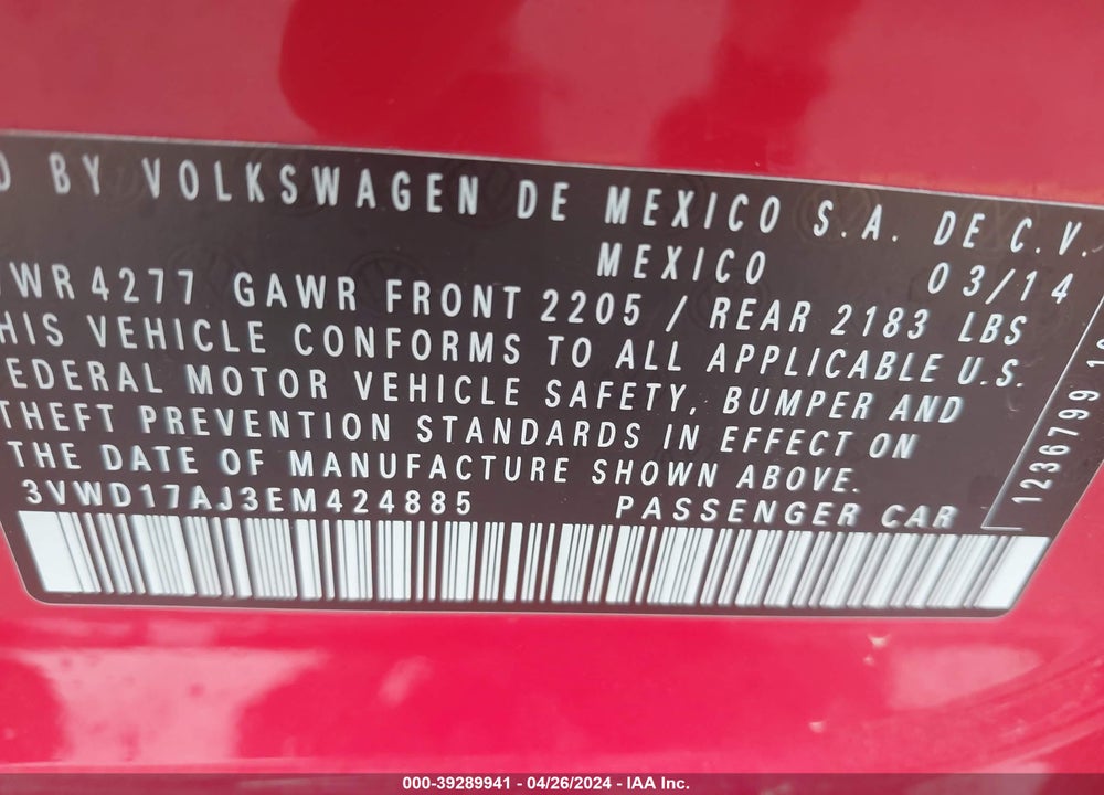2014 VOLKSWAGEN JETTA 1.8T SE VIN: 3VWD17AJ3EM424885
