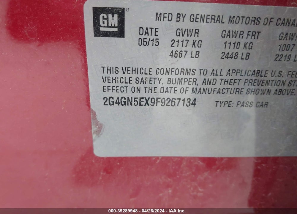 2015 BUICK REGAL VIN: 2G4GN5EX9F9267134