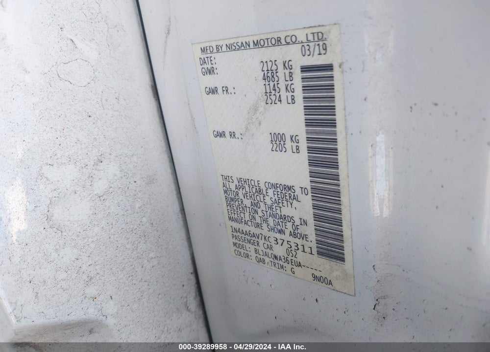 2019 NISSAN MAXIMA 3.5 S VIN: 1N4AA6AV7KC375311