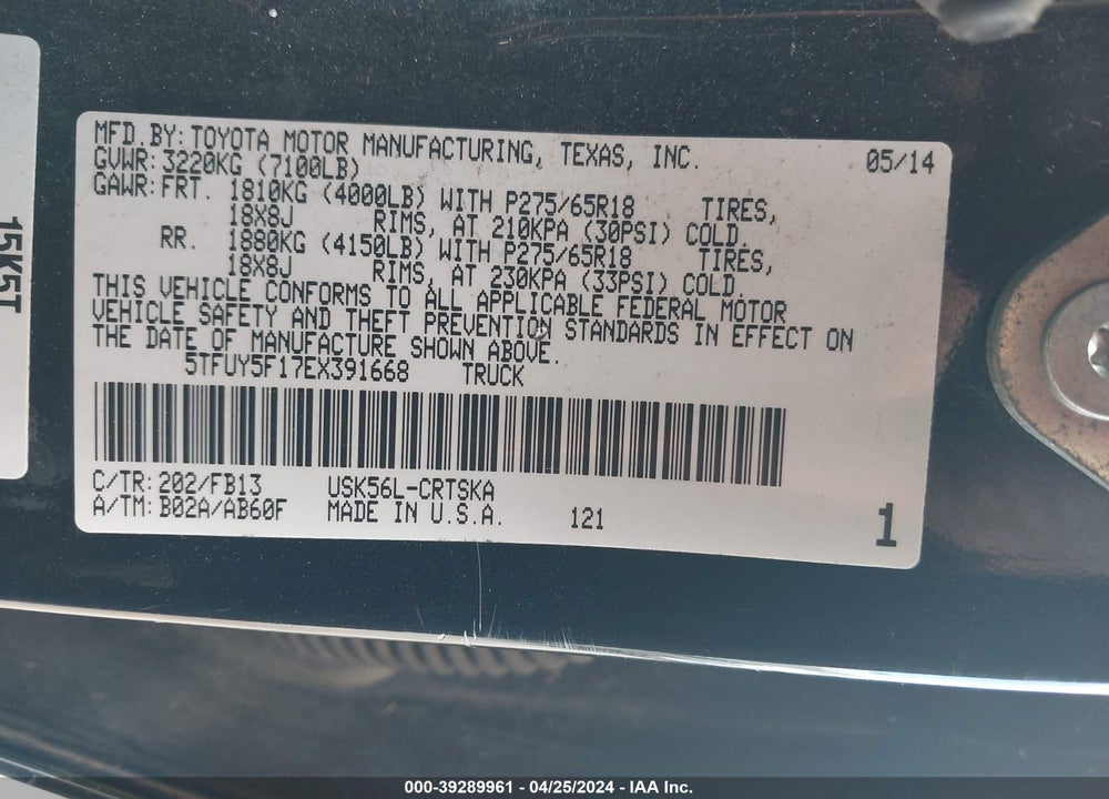 2014 TOYOTA TUNDRA SR5 5.7L V8 VIN: 5TFUY5F17EX391668