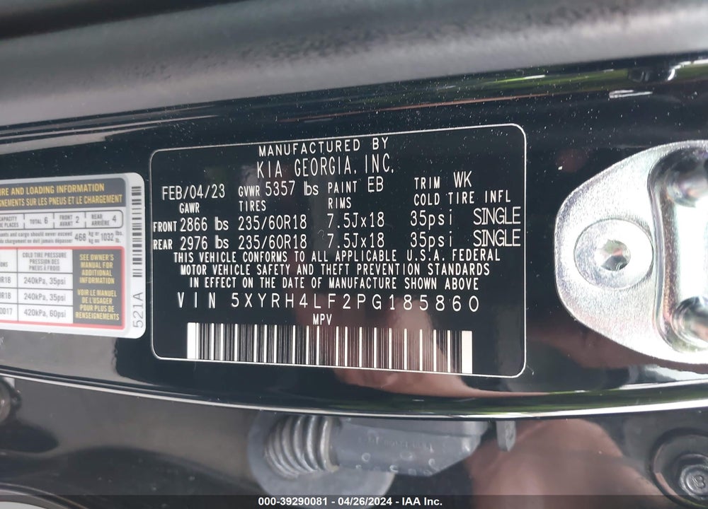 2023 KIA SORENTO EX VIN: 5XYRH4LF2PG185860