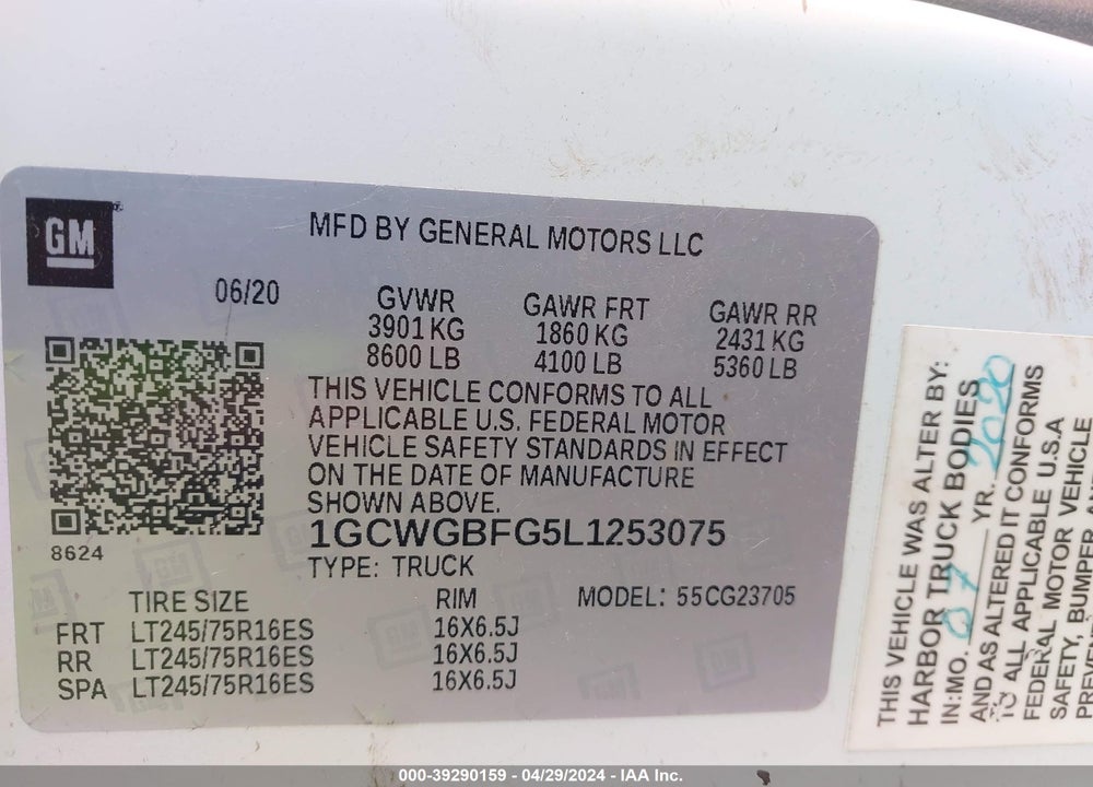 2020 CHEVROLET EXPRESS CARGO RWD 2500 EXTENDED WHEELBASE WT VIN: 1GCWGBFG5L1253075