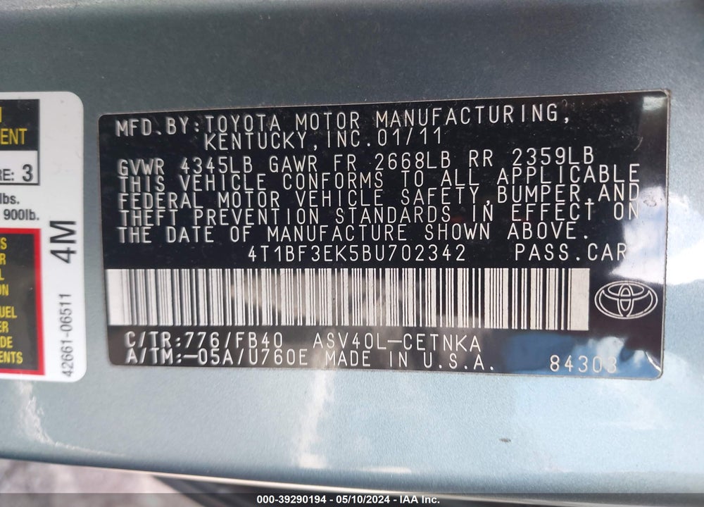 2011 TOYOTA CAMRY LE VIN: 4T1BF3EK5BU702342