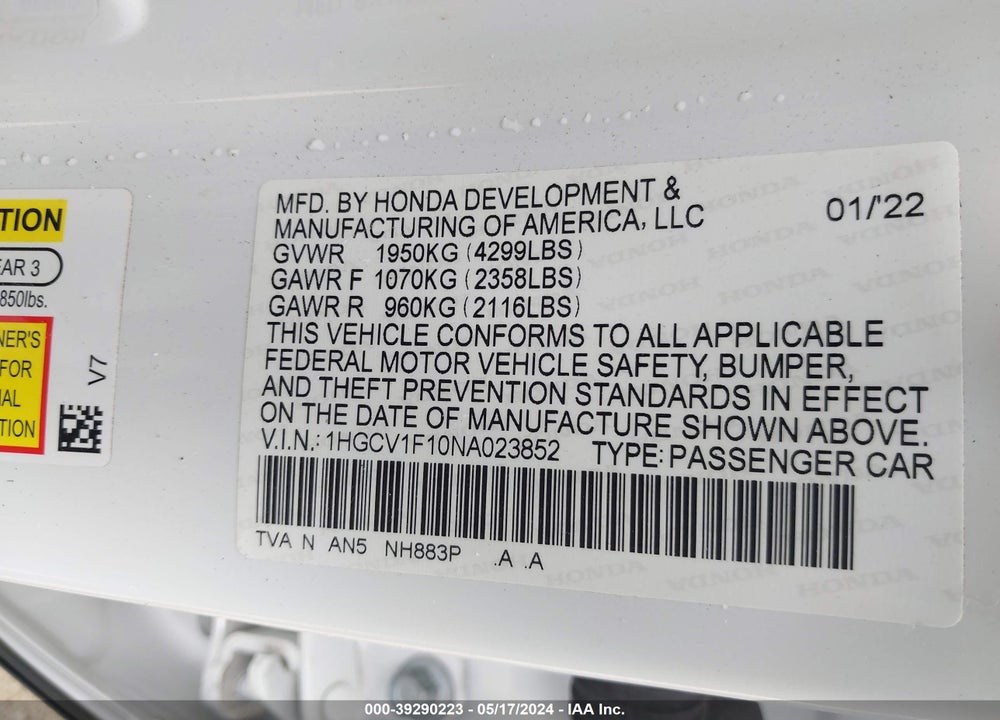 2022 HONDA ACCORD LX VIN: 1HGCV1F10NA023852