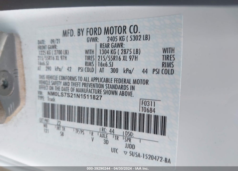 2022 FORD TRANSIT CONNECT XL VIN: NM0LS7S21N1511827