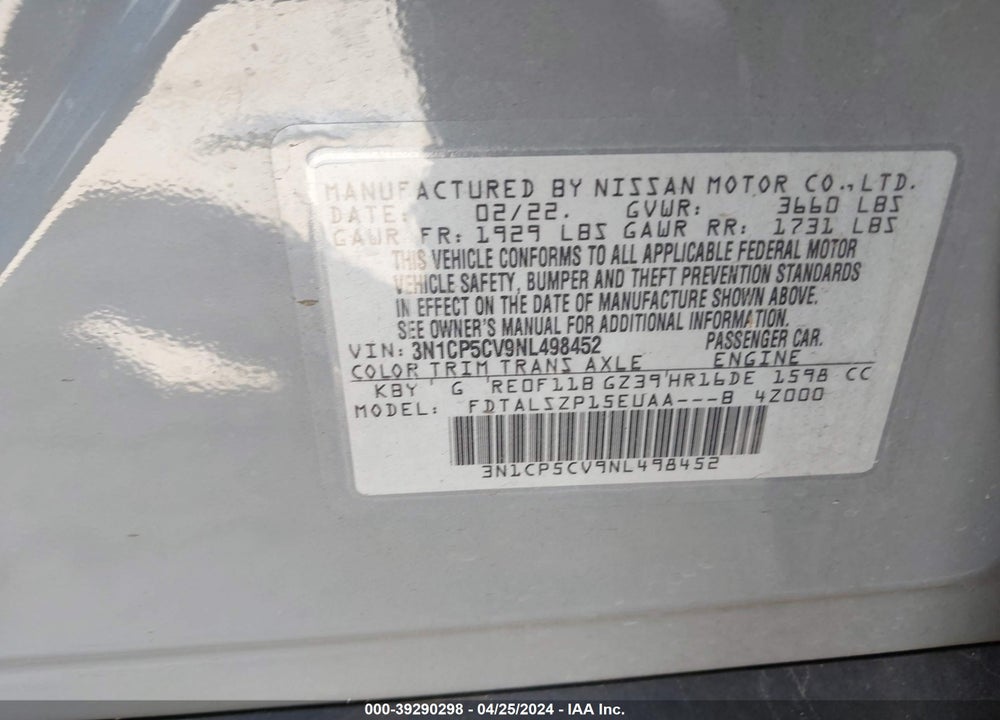 2022 NISSAN KICKS SV XTRONIC CVT VIN: 3N1CP5CV9NL498452