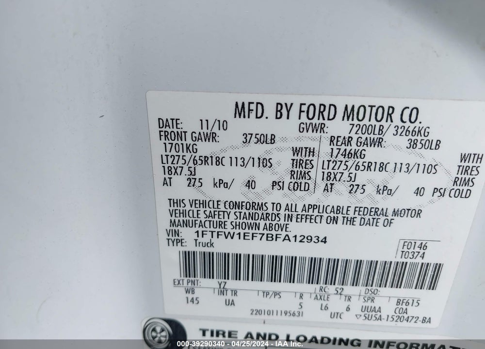 2011 FORD F-150 VIN: 1FTFW1EF7BFA12934