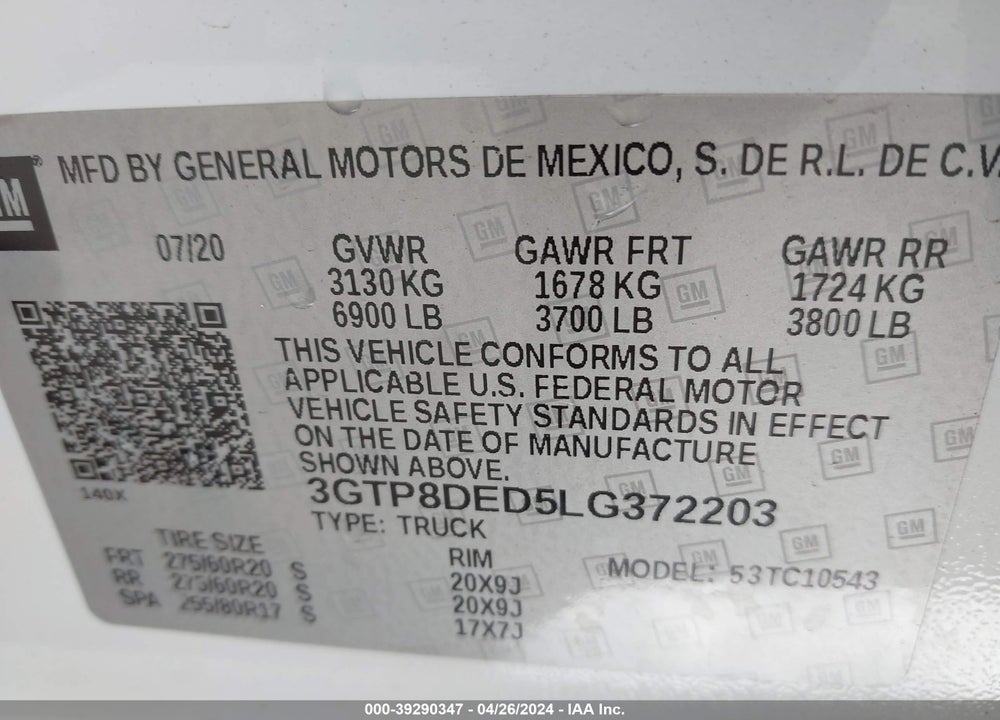 2020 GMC SIERRA 1500 2WD SHORT BOX SLT VIN: 3GTP8DED5LG372203