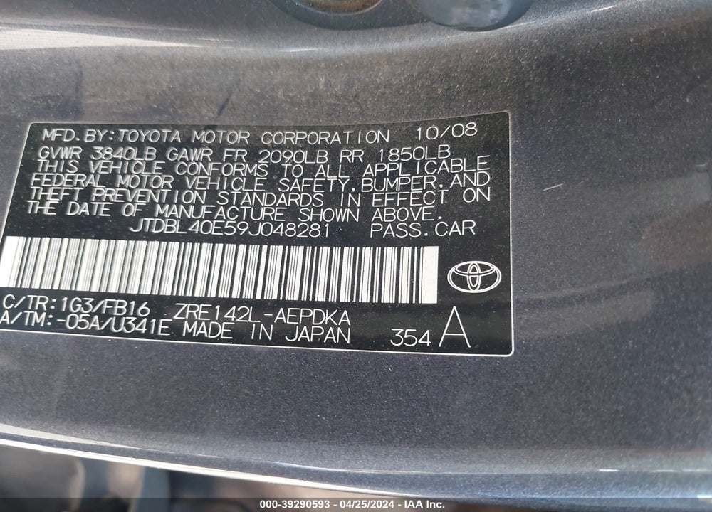 2009 TOYOTA COROLLA LE VIN: JTDBL40E59J048281