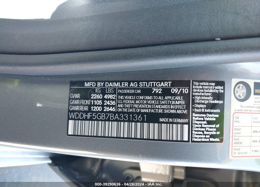 2011 MERCEDES-BENZ E 350 VIN: WDDHF5GB7BA331361