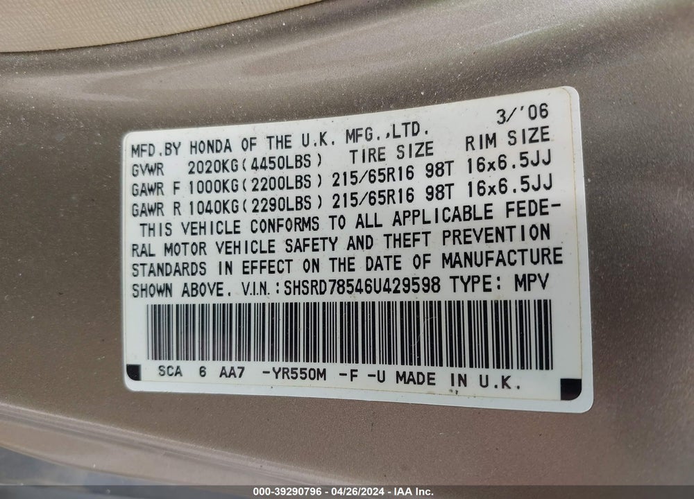 2006 HONDA CR-V LX VIN: SHSRD78546U429598