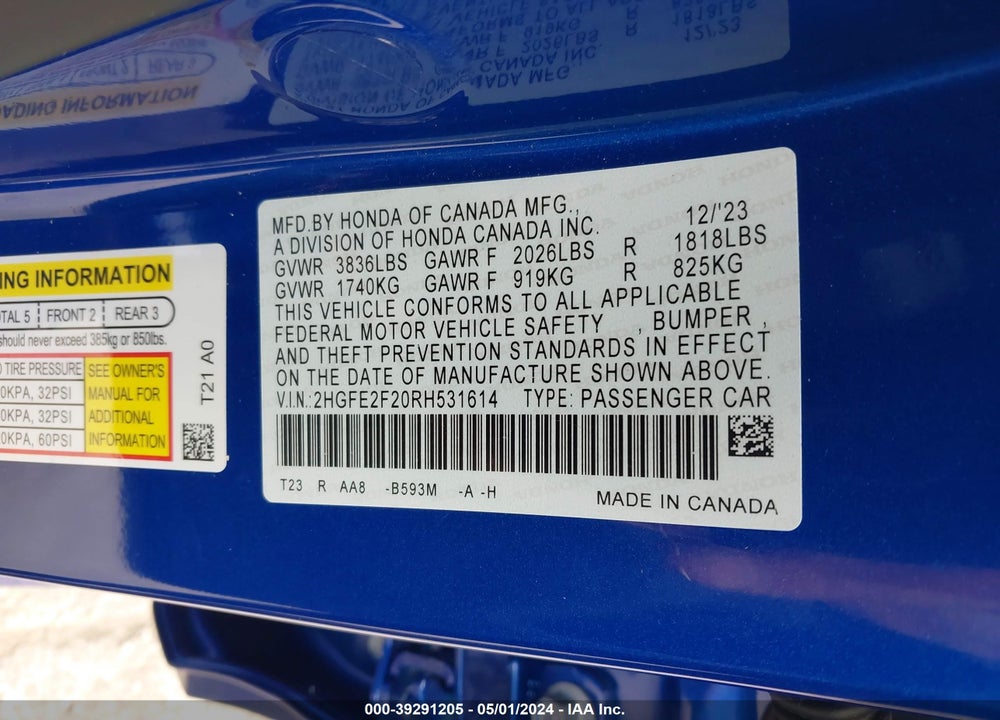 2024 HONDA CIVIC LX VIN: 2HGFE2F20RH531614
