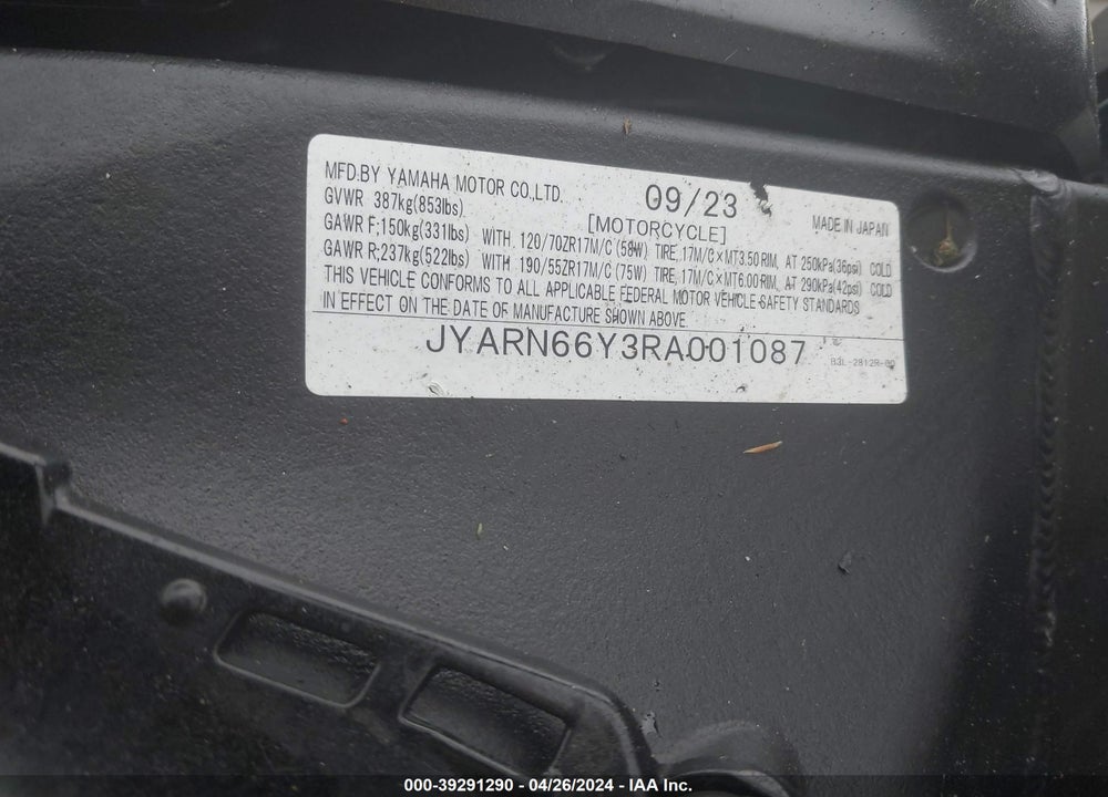 2024 YAMAHA YZFR1 VIN: JYARN66Y3RA001087
