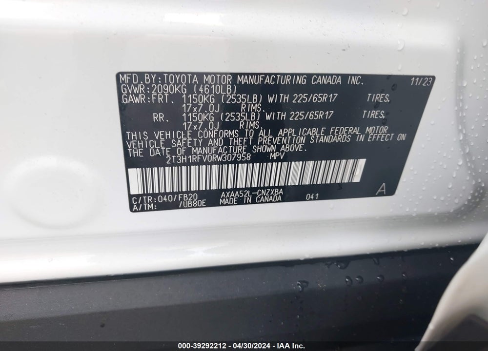 2024 TOYOTA RAV4 LE VIN: 2T3H1RFV0RW307958