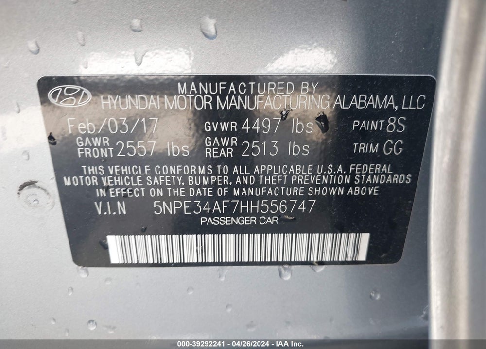 2017 HYUNDAI SONATA SPORT VIN: 5NPE34AF7HH556747