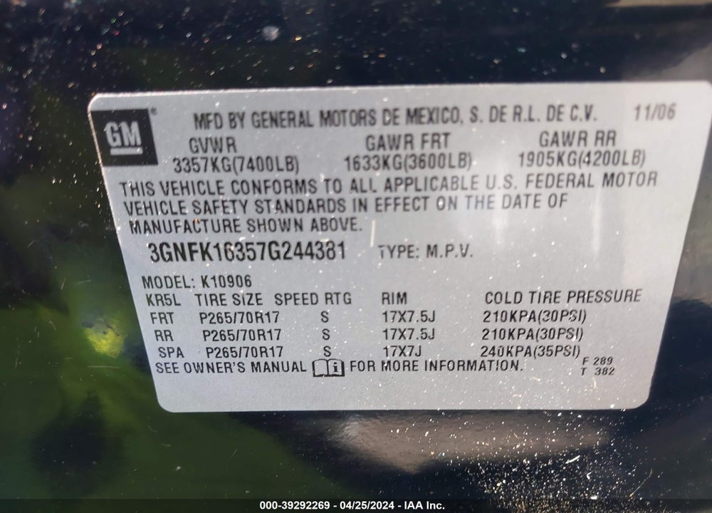 2007 CHEVROLET SUBURBAN 1500 LT VIN: 3GNFK16357G244381