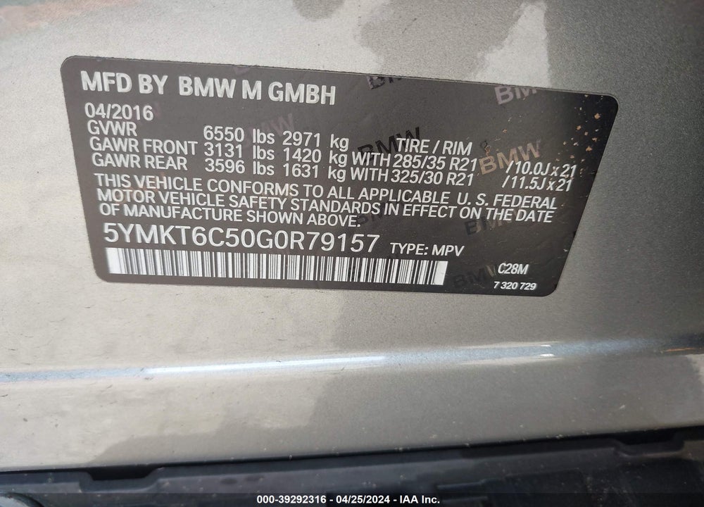 2016 BMW X5 M VIN: 5YMKT6C50G0R79157