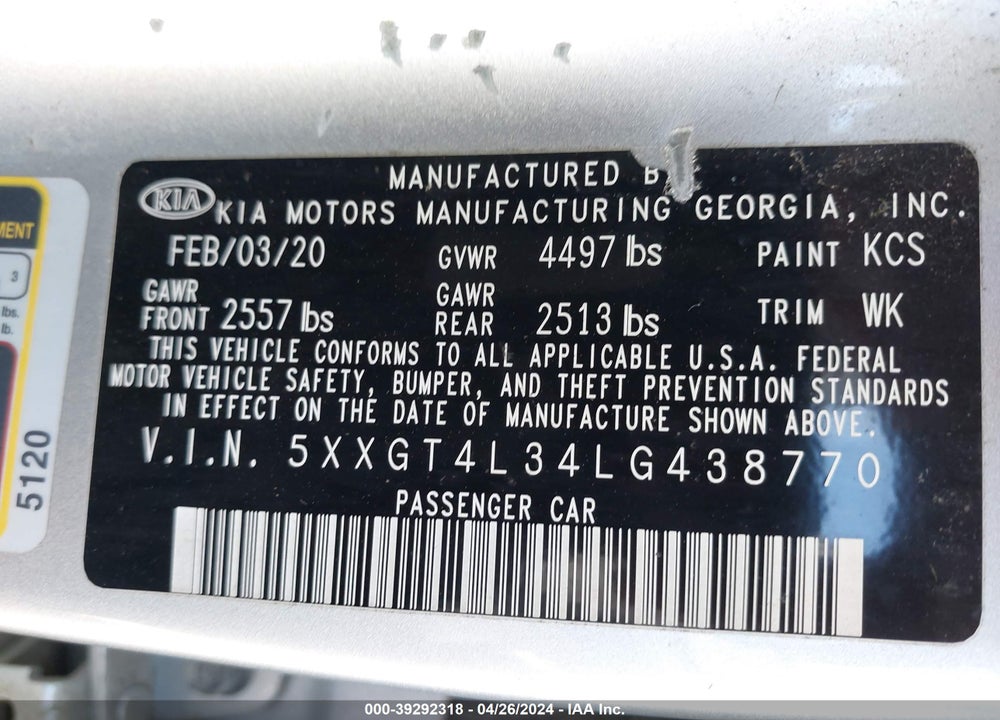 2020 KIA OPTIMA VIN: 5XXGT4L34LG438770