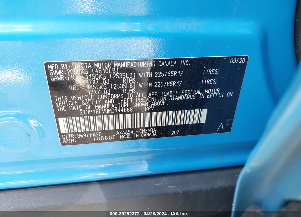 2021 TOYOTA RAV4 XLE VIN: 2T3P1RFV8MC144868