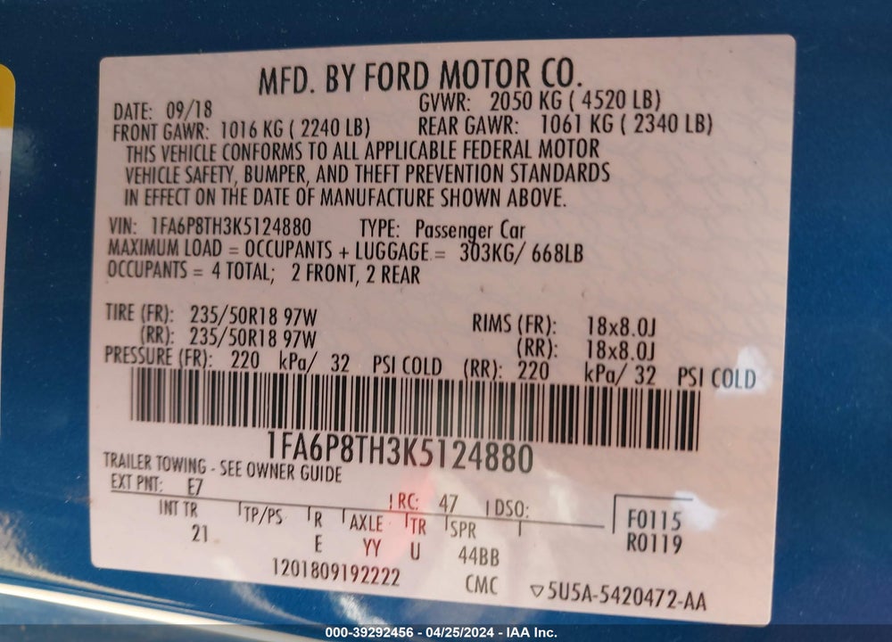 2019 FORD MUSTANG ECOBOOST VIN: 1FA6P8TH3K5124880