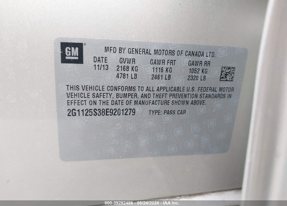 2014 CHEVROLET IMPALA 2LT VIN: 2G1125S38E9201279