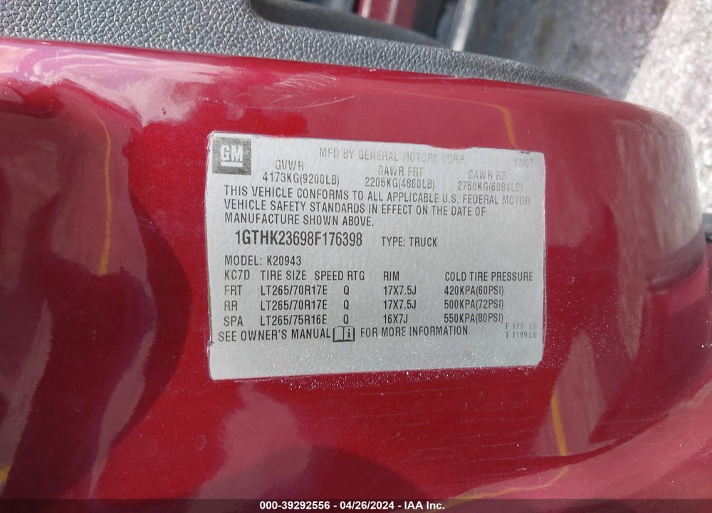 2008 GMC SIERRA 2500HD SLE1 VIN: 1GTHK23698F176398