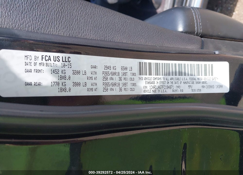 2015 DODGE DURANGO SXT VIN: 1C4RDJAG7FC194871