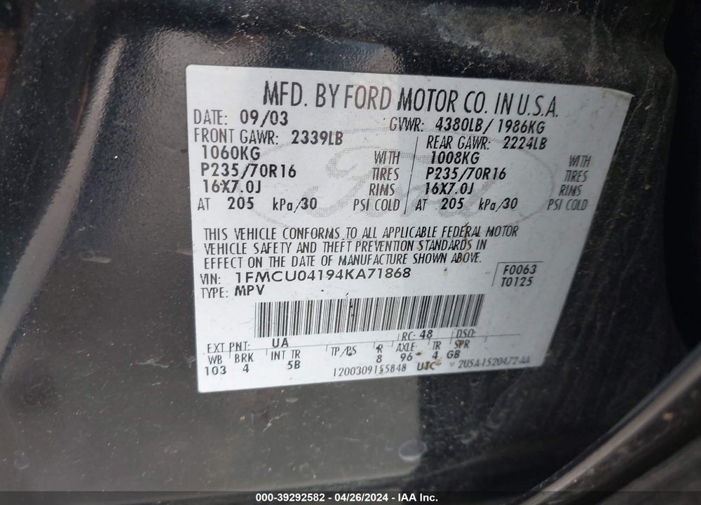 2004 FORD ESCAPE VIN: 1FMCU04194KA71868