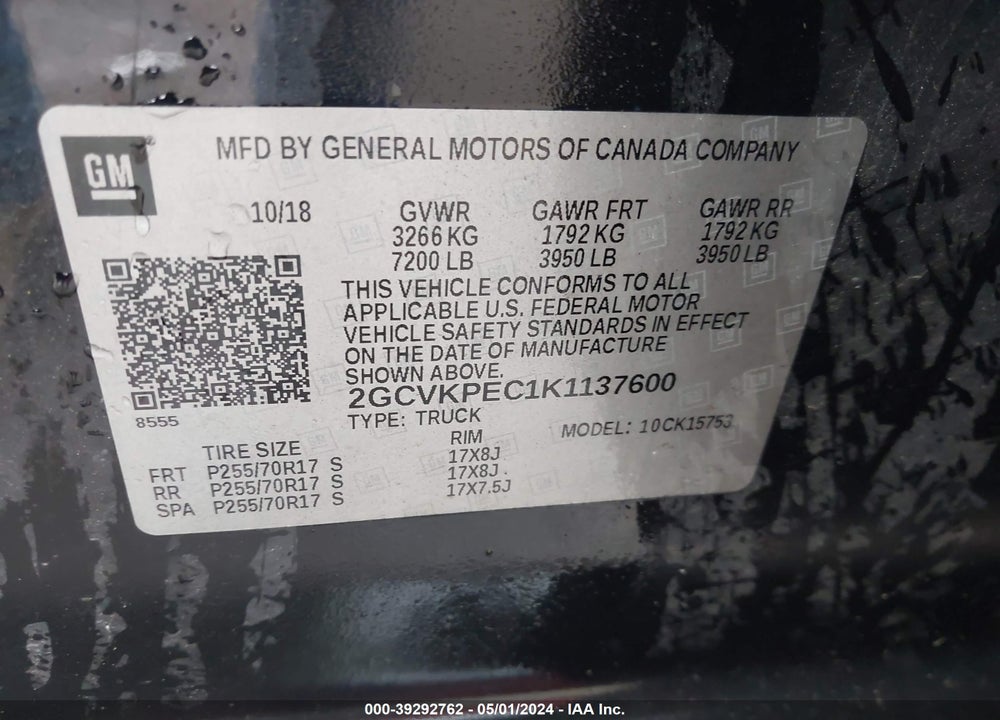 2019 CHEVROLET SILVERADO 1500 LD VIN: 2GCVKPEC1K1137600