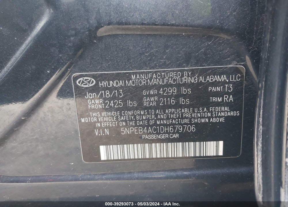 2013 HYUNDAI SONATA GLS VIN: 5NPEB4AC1DH679706