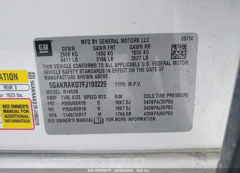 2015 BUICK ENCLAVE CONVENIENCE VIN: 5GAKRAKD7FJ180229