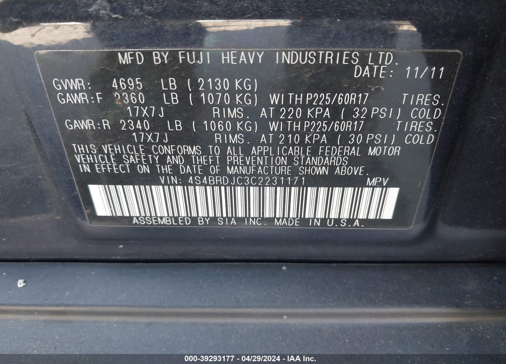 2012 SUBARU OUTBACK 3.6R LIMITED VIN: 4S4BRDJC3C2231171