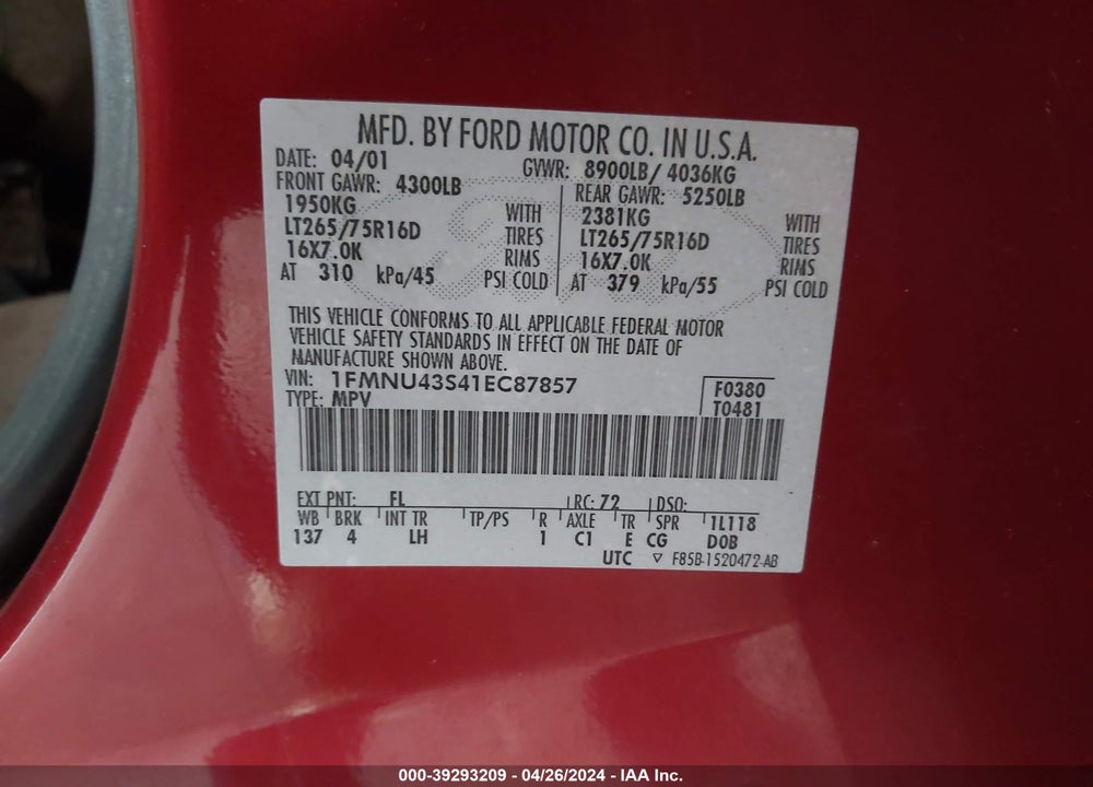 2001 FORD EXCURSION LIMITED VIN: 1FMNU43S41EC87857