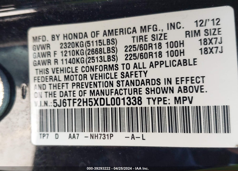 2013 HONDA CROSSTOUR EX-L V6 VIN: 5J6TF2H5XDL001338