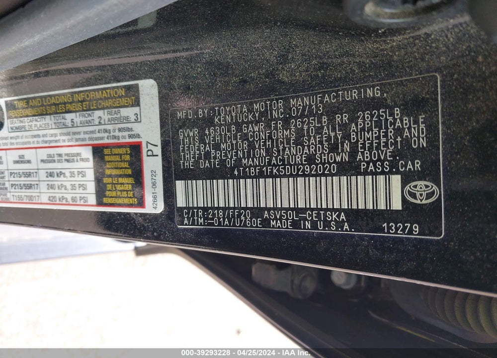 2013 TOYOTA CAMRY SE VIN: 4T1BF1FK5DU292020