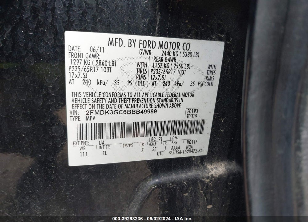 2011 FORD EDGE SE VIN: 2FMDK3GC6BBB49989