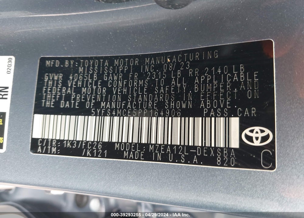 2023 TOYOTA COROLLA SE VIN: 5YFS4MCE5PP164906