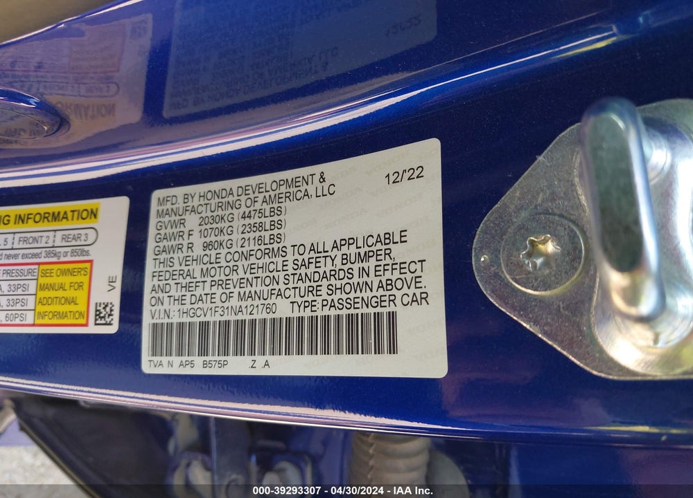 2022 HONDA ACCORD SPORT VIN: 1HGCV1F31NA121760