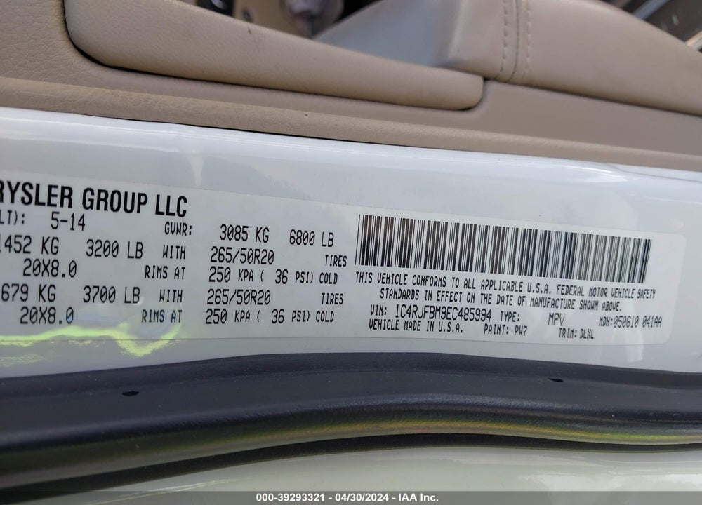 2014 JEEP GRAND CHEROKEE LIMITED VIN: 1C4RJFBM9EC485994