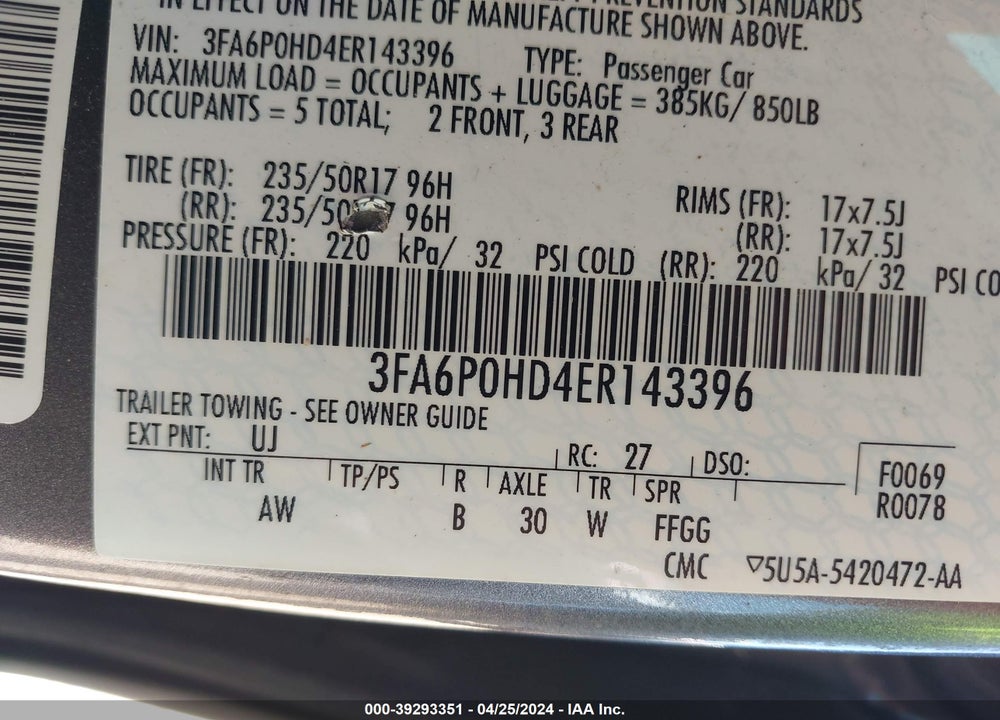 2014 FORD FUSION SE VIN: 3FA6P0HD4ER143396